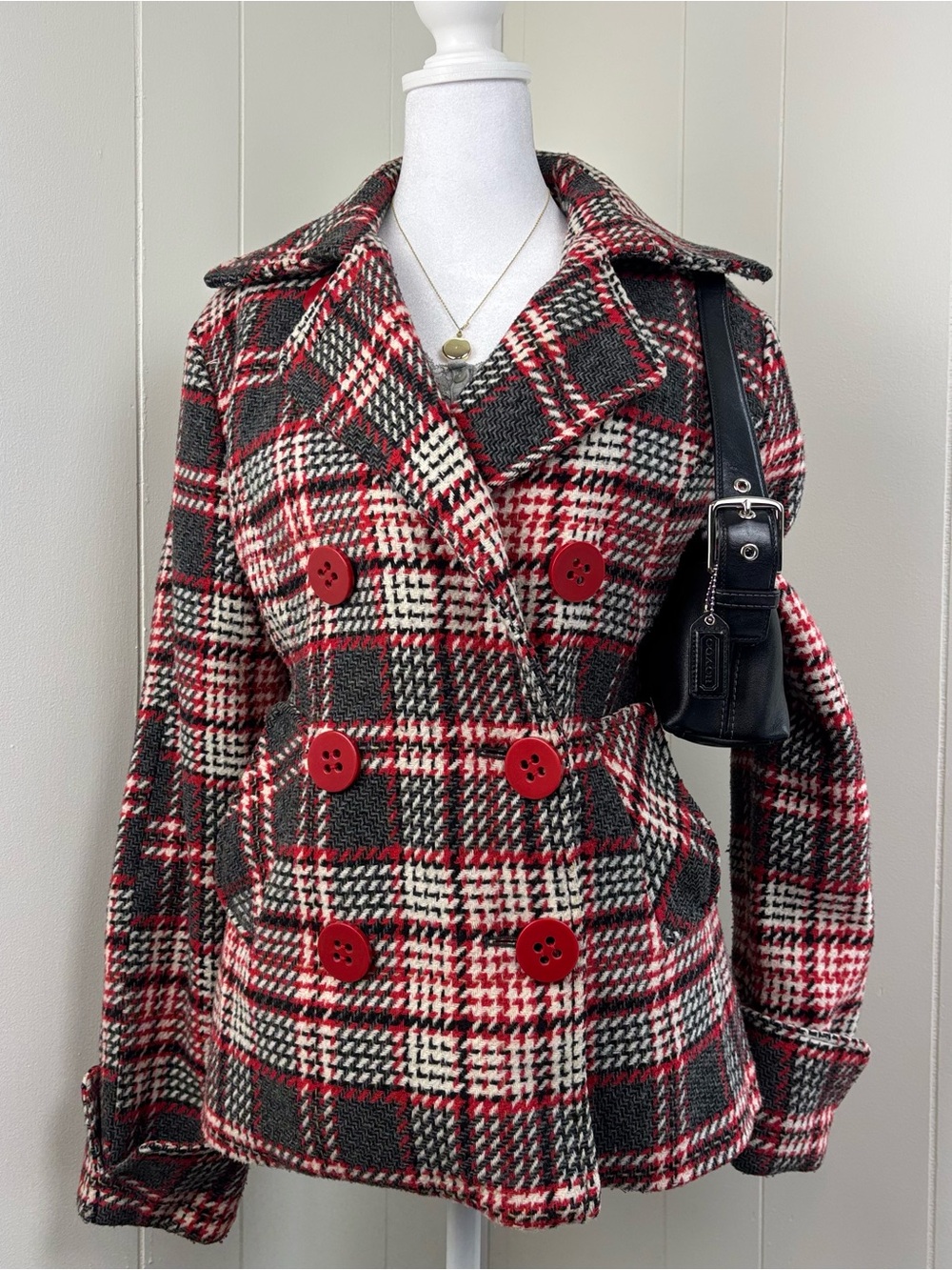 Dollhouse Red, Black & white Plaid Double-Breasted Peacoat